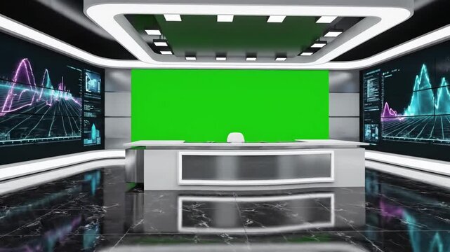 Studio with Interactive Floor Elements 3d virtual news green screen background distortion, overlay, glitch, static noise, scan lines on black background, 4k animated video loop