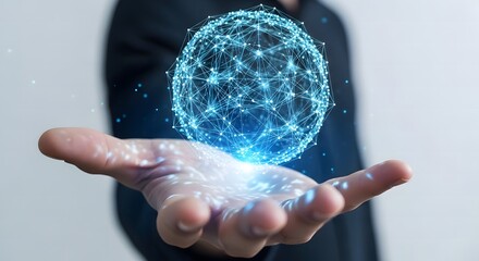 Artificial Intelligence brain hologram in human hand, futuristic AI technology and digital innovation concept