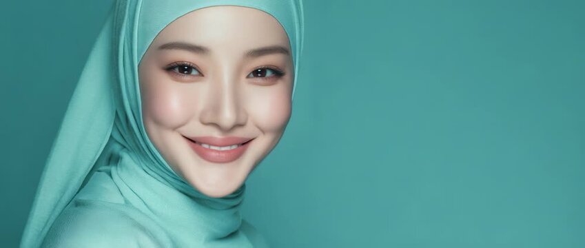 Beautiful young Asian woman wearing an elegant hijab, glowing skin and natural makeup, confident expression on pink background, modest fashion and beauty concept.