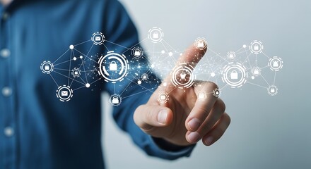 Hand touching virtual interface with digital icons, smart technology innovation concept