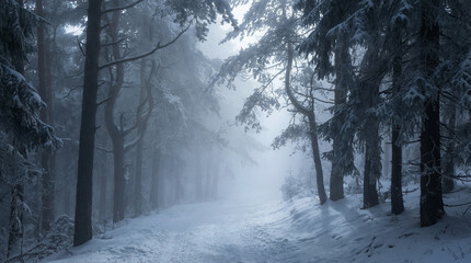 Dramatic Misty Snow Forest Path with Moody Shadows. Side angle view of mysterious snowy forest trail, dramatic fog weaving between dark tree silhouettes, ethereal winter light © Daria Horokhova