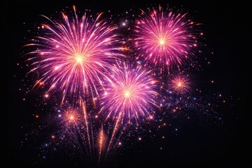 Fototapeta premium Spectacular pink and purple fireworks explode brightly against a dark night sky celebration