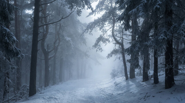 Dramatic Misty Snow Forest Path with Moody Shadows. Side angle view of mysterious snowy forest trail, dramatic fog weaving between dark tree silhouettes, ethereal winter light