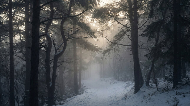 Dramatic Misty Snow Forest Path with Moody Shadows. Side angle view of mysterious snowy forest trail, dramatic fog weaving between dark tree silhouettes, ethereal winter light