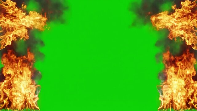 Edge-Framing Fire Effects with huge fires light smoke at screen borders isolated on green for chromakey use 4k uhd 60 fps 3d animation distortion, overlay, glitch, static noise, scan lines black