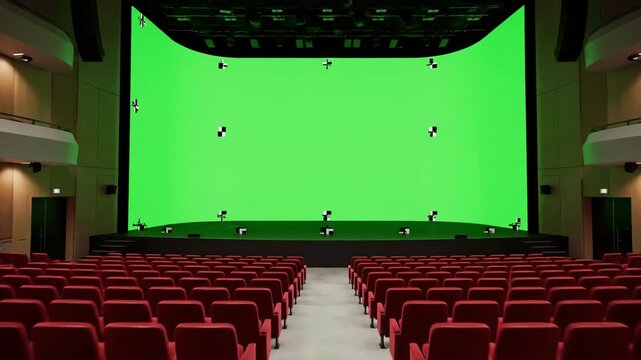 Advanced Compositing Utility with beautiful wide screen in cinema hall moving through over the seats 3d animation lights green and tracking points art technology concept 4k ultra hd 3840x2160