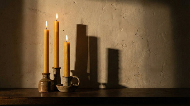 Dramatic Candlelight Shadows Abstract Still Life Composition. Artistic side-lit candle arrangement casting elongated shadows on textured wall, high contrast chiaroscuro effect