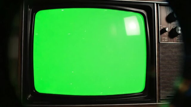 Green Screen old tv turning on with for video masking scene 4 distortion, overlay, glitch, static noise, scan lines black background, 4k animated loop