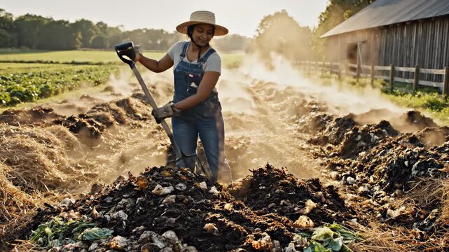 Farmer engages in organic composting by turning soil on sustainable farm