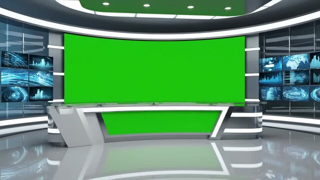 Virtual Newsroom Overview with 3d news studio green screen background distortion, overlay, glitch, static noise, scan lines on black background, 4k animated video loop
