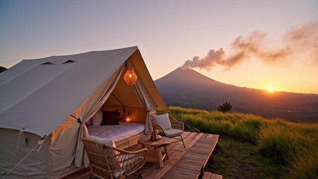 Luxury glamping tent at serene mountain sunrise getaway