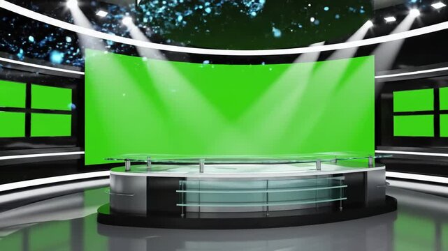 Green Screen 3d virtual news studio background scene 4 with distortion, overlay, glitch, static noise, scan lines on black background, 4k animated video loop