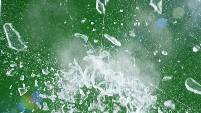 Green Screen glass broken splash with chroma key as background scene 4 distortion, overlay, glitch, static noise, scan lines on black background, 4k animated video loop