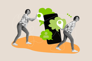 3D collage design composite trend sketch of two young lady twins walk carry smartphone text bubble...