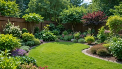 Fototapeta premium Garden Scene With Various Plants and Trees in a Well-Maintained Outdoor Space During Daytime