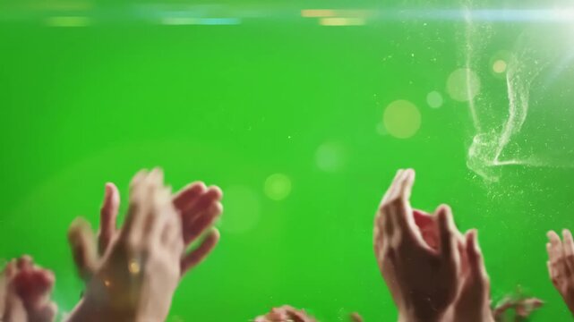 Green Screen hands are clapping at background a applauding chroma key concept of victory and award copy text space scene 4 with distortion, overlay, glitch, static noise, scan lines on black