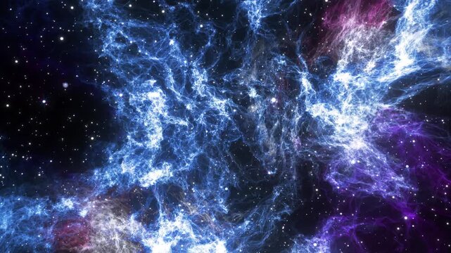 A space trip through bright nebulae. Flying through blue constellations and galaxies. An astronomical journey deep into the universe. Abstract space background. 4k footage