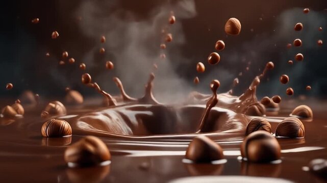 Chocolate splash with hazelnuts, decadent dessert concept,  high detail rendering