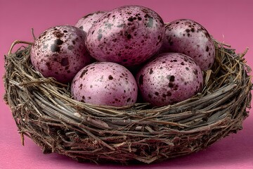 Obraz premium Speckled Pink Eggs in Rustic Nest on Pink Background for Easter Decor and Spring Design Generative AI