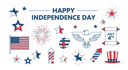 Fototapeta premium 4th of July patriotic icons set, Independence Day vector graphics, American flag, fireworks, eagle, stars, banner or poster elements, isolated on transparent background, png