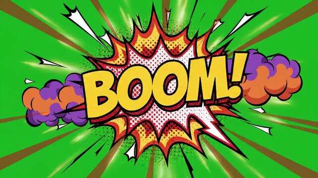 Green Screen boom word retro cartoon comic bubbles popup style expressions colored bomb and smoke strip dotted with red speed radial line seamless loop animation scene 2 distortion, overlay, glitch