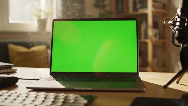 Green Screen laptop computer with mock up chroma key standing on home office desk nobody in it professional set is ready for e commmerce courses using isolated pc scene 3 distortion, overlay, glitch