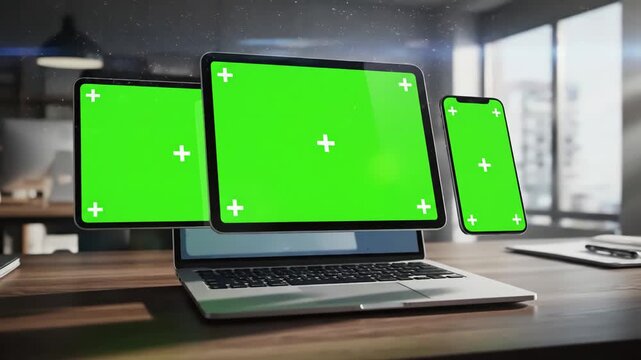 Green Screen levitating devices on office desk for responsive web design presentation isolated screens in chroma key mockup scene 2 with distortion, overlay, glitch, static noise, scan lines black
