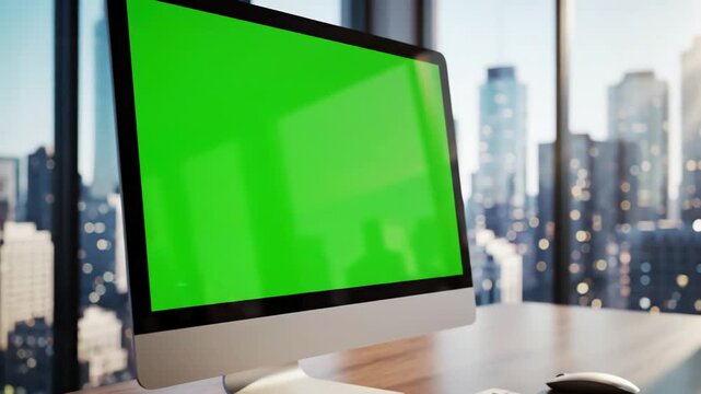 Green Screen desktop computer monitor with mock up chroma key display standing on the desk in modern business office background glass wall big city zoom shot scene 3 distortion, overlay, glitch