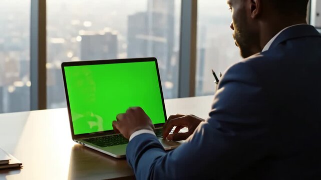 Green Screen successful black businessman sitting at desk working on laptop computer in office anonymous businessperson using chroma key display stylish bright workplace over shoulder close up scene 3