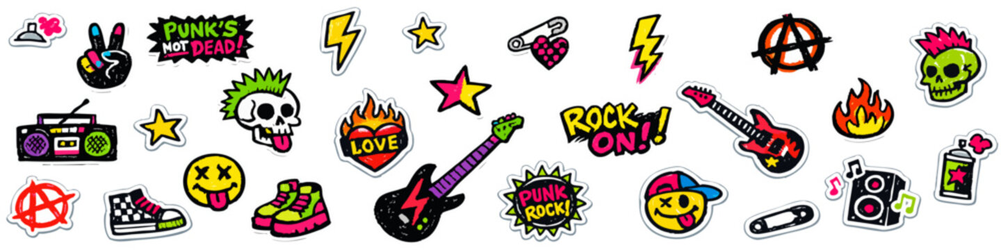 Collection of vibrant punk rock stickers and patches with skulls, guitars, anarchy symbols, and music elements on transparent background.