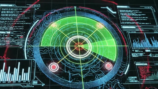Green Screen abstract radar with targets in action futuristic computer system animation colorful searching online program military force and surveillance concept scene 1 distortion, overlay, glitch