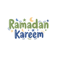 Fototapeta premium Hand-drawn 'Ramadan Kareem' greeting design with festive stars and moons, perfect for Islamic holiday celebrations and digital banners