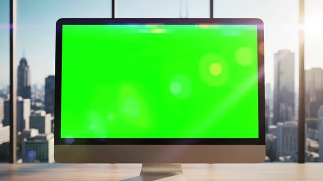 Green Screen desktop computer monitor with mock up chroma key display standing on the desk in modern business office background glass wall big city zoom shot scene 4 distortion, overlay, glitch