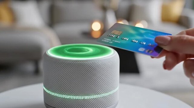Paying for smart home devices with a credit card - contactless payment and modern technology concept in a cozy living room setting