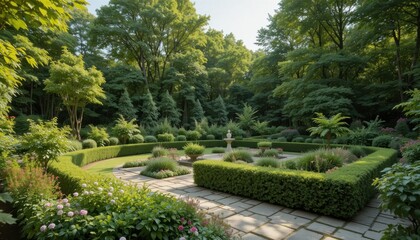 Garden View With Plants and Shrubs in a Park Surrounded by Trees During Daytime in Bright Sunlight