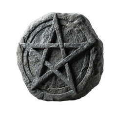 Mystical Pentagram Stone: A weathered, stone carving of a pentagram, symbolizing ancient mysticism and spiritual intrigue.