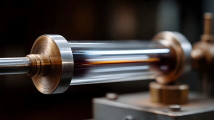 Close up of a spinning glass tube on a scientific device showcasing motion blur and metallic components