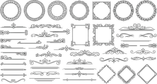 Black and white vector illustration of ornate decorative frames and flourishes, vintage floral scrollwork elements, classical motifs for invitations, certificates, and graphic design projects