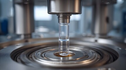 Automated precision filling of a glass vial containing blue liquid within advanced industrial hinery for phar eutical or scientific production