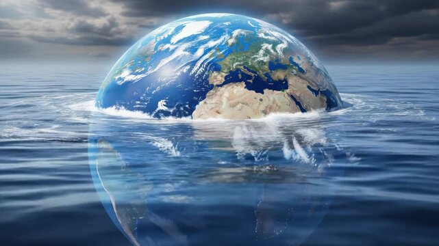 Planet Earth submerged in water, global warming concept, climate change, ocean rise