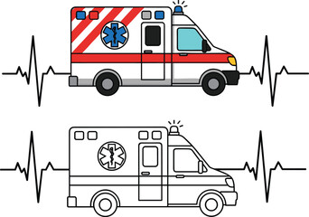 Fototapeta premium Vector illustration of ambulance front view with ECG heartbeat wave, colored and outline versions, emergency medical service design for healthcare, hospital, and rescue concepts