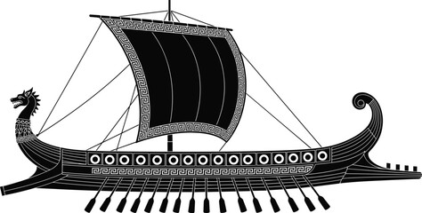 Ancient greek trireme warship silhouette with dragon prow and sail isolated on white background vector historical maritime illustration design © Saya Stock