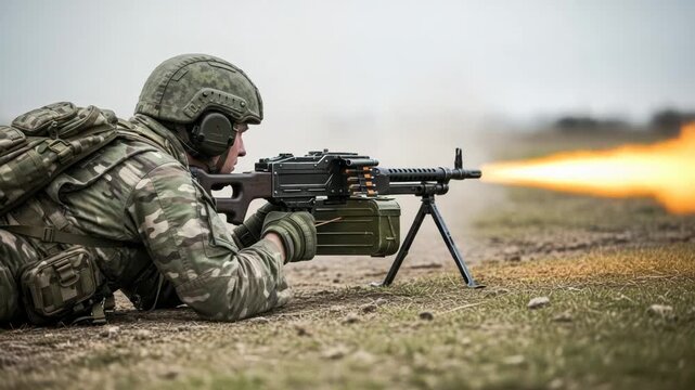 Soldier firing automatic weapon during military exercise, muzzle flash