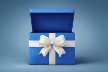 Open Glittering Blue Gift Box with White Ribbon on Light Blue Background Perfect for Celebration Festive Mood and Surprise with Clean and Simple Composition