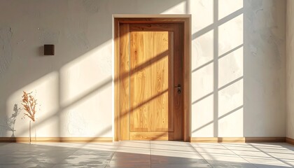 Obraz premium Sunlight shines through empty room door.