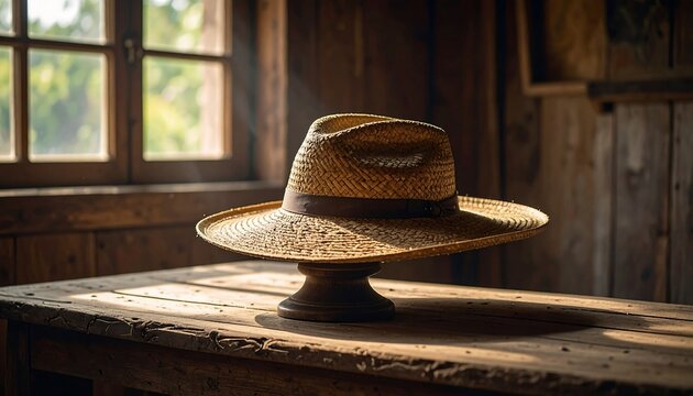 Straw Hat on Wooden Table Indoor Scene.