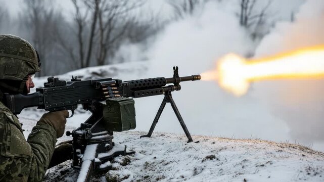Soldier firing machine gun in winter combat, muzzle flash and smoke