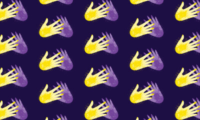 Obraz premium Holi festival pattern background with painted hands in yellow and purple dry powder illustration
