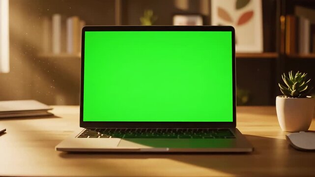 Green Screen laptop computer with mock up chroma key standing on home office desk nobody in it professional set is ready for e commmerce courses using isolated pc scene 1 distortion, overlay, glitch
