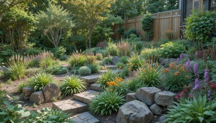 Obraz premium Beautiful Garden With Various Plants and Flowers in a Residential Area During Bright Daylight Hours